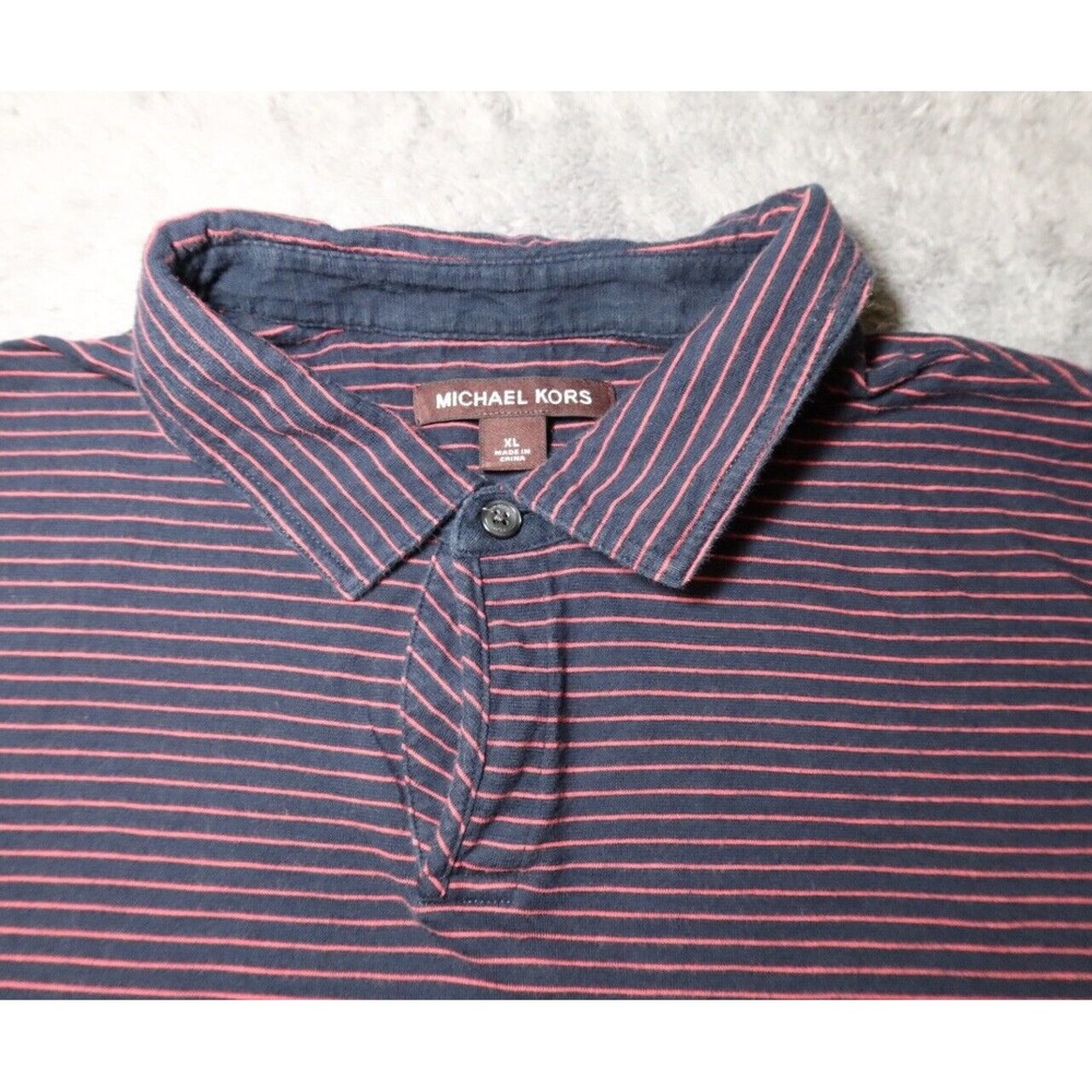 Michael Kors Men's Short Sleeve Polo Navy Blue & Pink Striped Shirt SZ XL